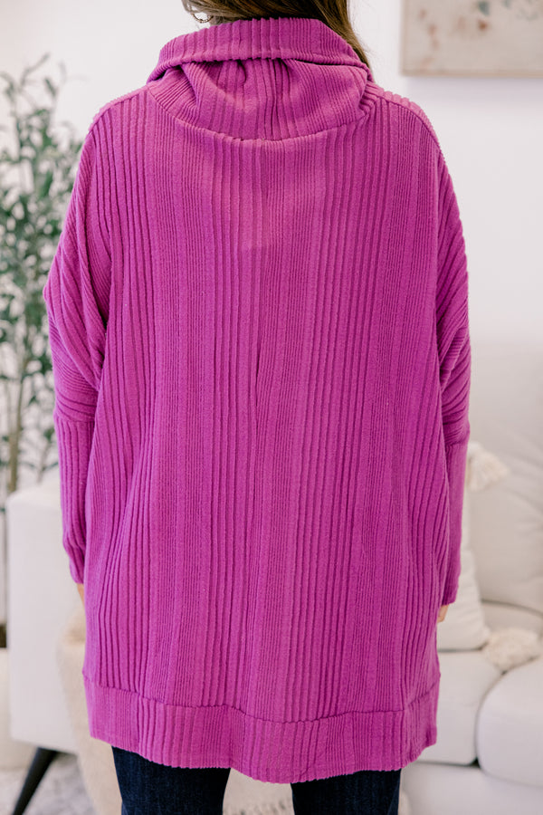Chic Soul plus size clothing, magenta purple long sleeve top with sweater style texture and loose turtleneck 