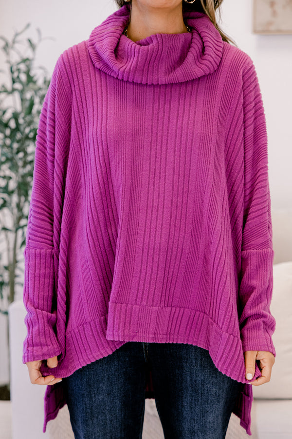 Chic Soul plus size clothing, magenta purple long sleeve top with sweater style texture and loose turtleneck 