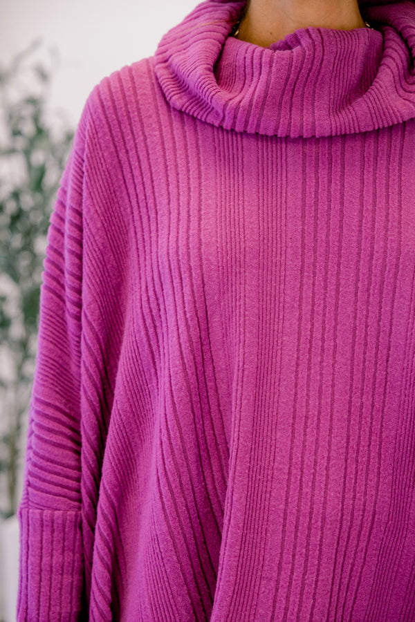 Chic Soul plus size clothing, magenta purple long sleeve top with sweater style texture and loose turtleneck 