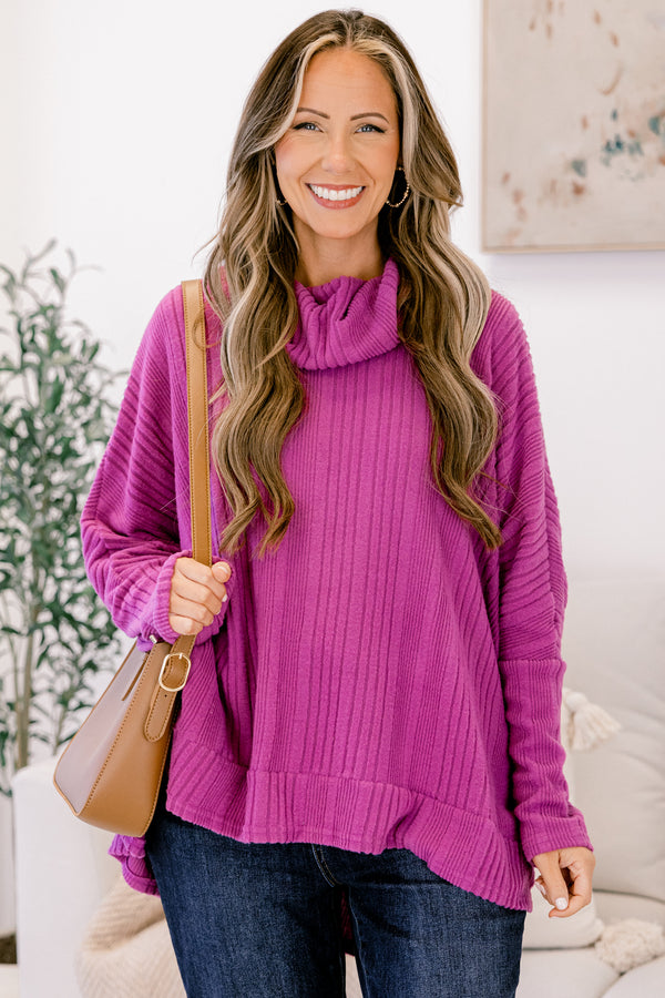 Chic Soul plus size clothing, magenta purple long sleeve top with sweater style texture and loose turtleneck 