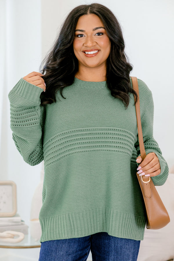 Chic Soul plus size clothing, long-sleeve olive green knit sweater with scoop-neckline and striped knit pattern