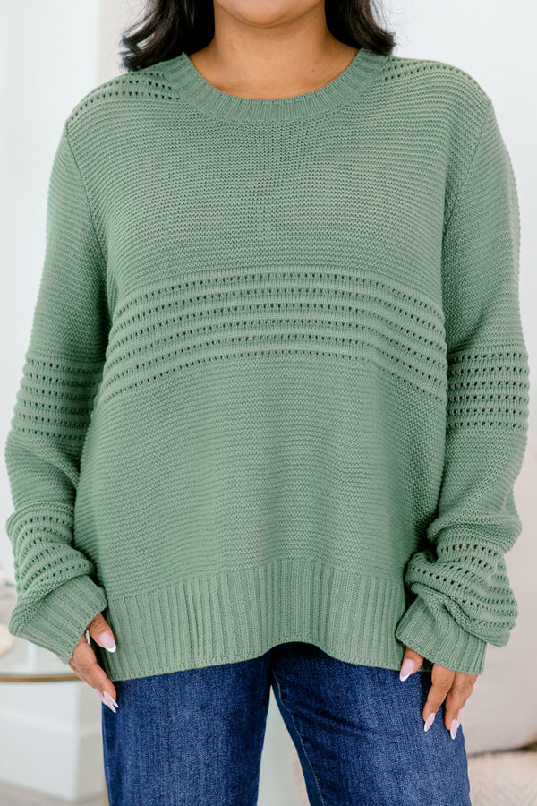 Chic Soul plus size clothing, long-sleeve olive green knit sweater with scoop-neckline and striped knit pattern