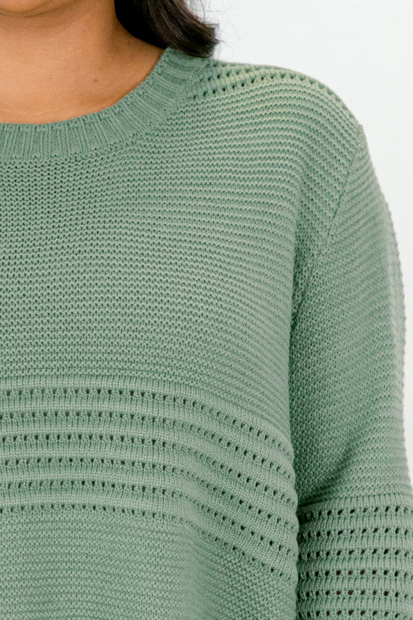 Chic Soul plus size clothing, long-sleeve olive green knit sweater with scoop-neckline and striped knit pattern