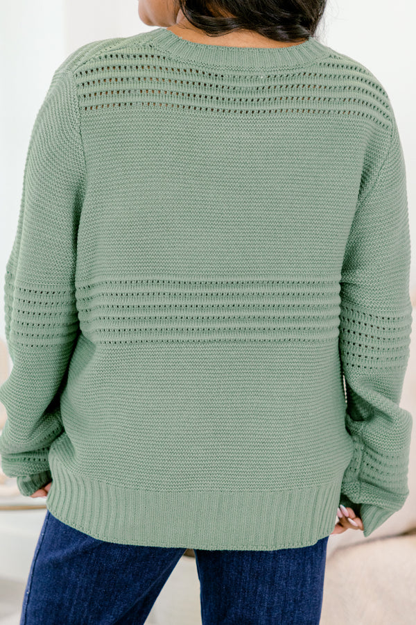 Chic Soul plus size clothing, long-sleeve olive green knit sweater with scoop-neckline and striped knit pattern