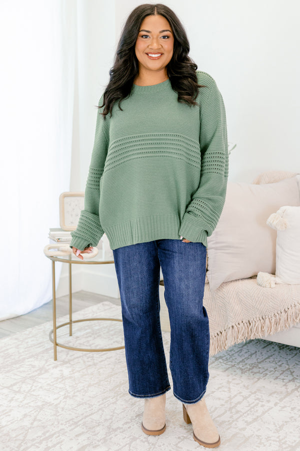 Chic Soul plus size clothing, long-sleeve olive green knit sweater with scoop-neckline and striped knit pattern