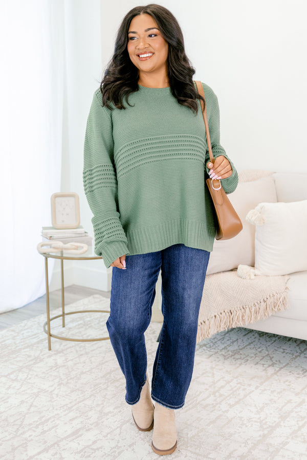 Chic Soul plus size clothing, long-sleeve olive green knit sweater with scoop-neckline and striped knit pattern