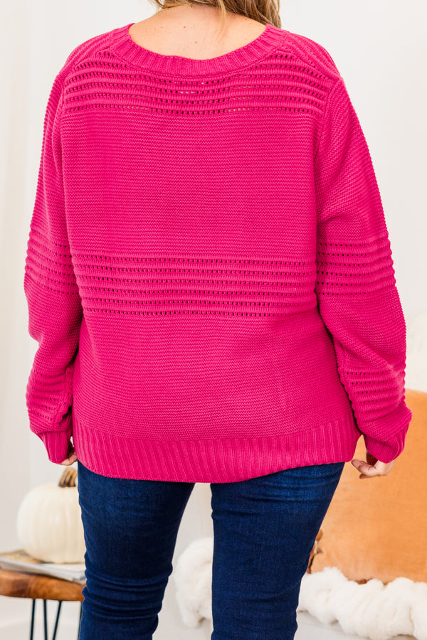 Chic Soul plus size clothing, long-sleeve magenta pink knit sweater with scoop-neckline and striped knit pattern