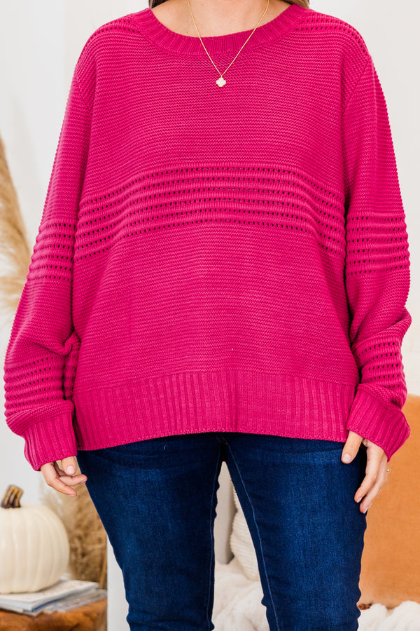 Chic Soul plus size clothing, long-sleeve magenta pink knit sweater with scoop-neckline and striped knit pattern