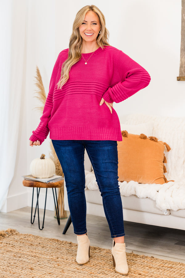 Chic Soul plus size clothing, long-sleeve magenta pink knit sweater with scoop-neckline and striped knit pattern