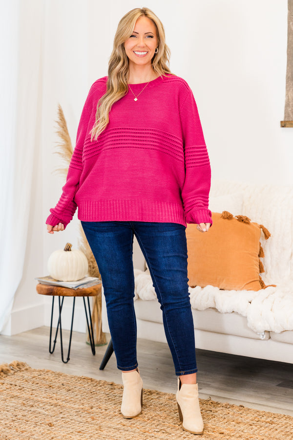 Chic Soul plus size clothing, long-sleeve magenta pink knit sweater with scoop-neckline and striped knit pattern