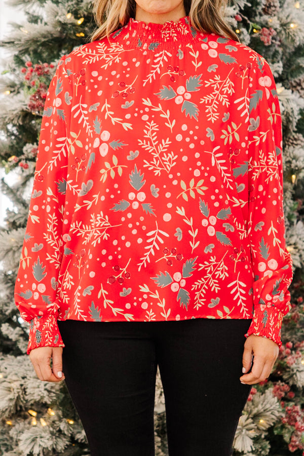 Chic Soul plus clothing, red long sleeve floral mistletoe pattern top with a high neckline