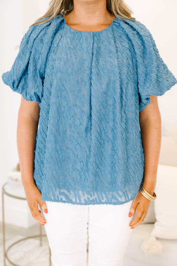Chic Soul plus size clothing, denim blue short-bubble sleeve high pleated neckline textured blouse