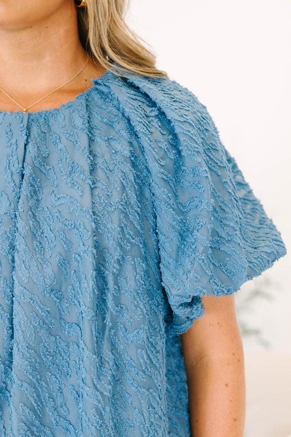 Chic Soul plus size clothing, denim blue short-bubble sleeve high pleated neckline textured blouse