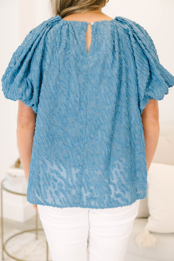 Chic Soul plus size clothing, denim blue short-bubble sleeve high pleated neckline textured blouse