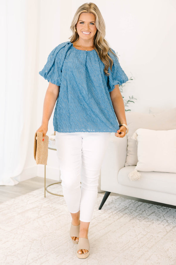 Chic Soul plus size clothing, denim blue short-bubble sleeve high pleated neckline textured blouse