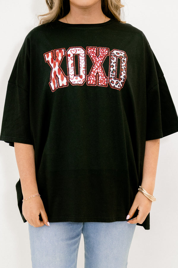 Chic Soul plus size clothing, black short sleeve boyfriend tee with mix print 