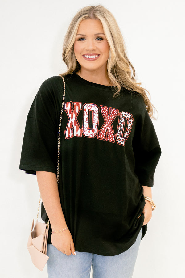 Chic Soul plus size clothing, black short sleeve boyfriend tee with mix print 