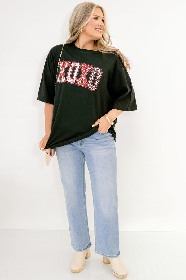 Chic Soul plus size clothing, black short sleeve boyfriend tee with mix print 