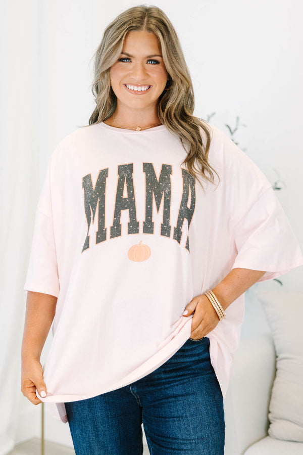 Plus size light pink oversized boyfriend tee with 'MAMA' and a pumpkin graphic.
