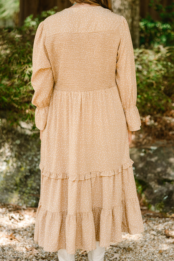 Chic Soul plus size clothing, light tan long sleeve maxi dress with texturing on the chest and a tiered bottom with small white patterning on it