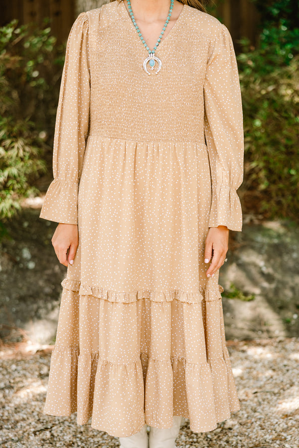 Chic Soul plus size clothing, light tan long sleeve maxi dress with texturing on the chest and a tiered bottom with small white patterning on it