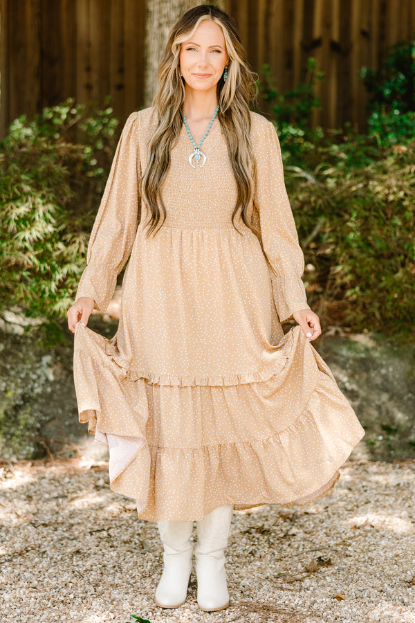 Chic Soul plus size clothing, light tan long sleeve maxi dress with texturing on the chest and a tiered bottom with small white patterning on it