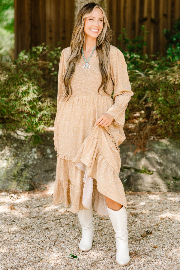 Chic Soul plus size clothing, light tan long sleeve maxi dress with texturing on the chest and a tiered bottom with small white patterning on it