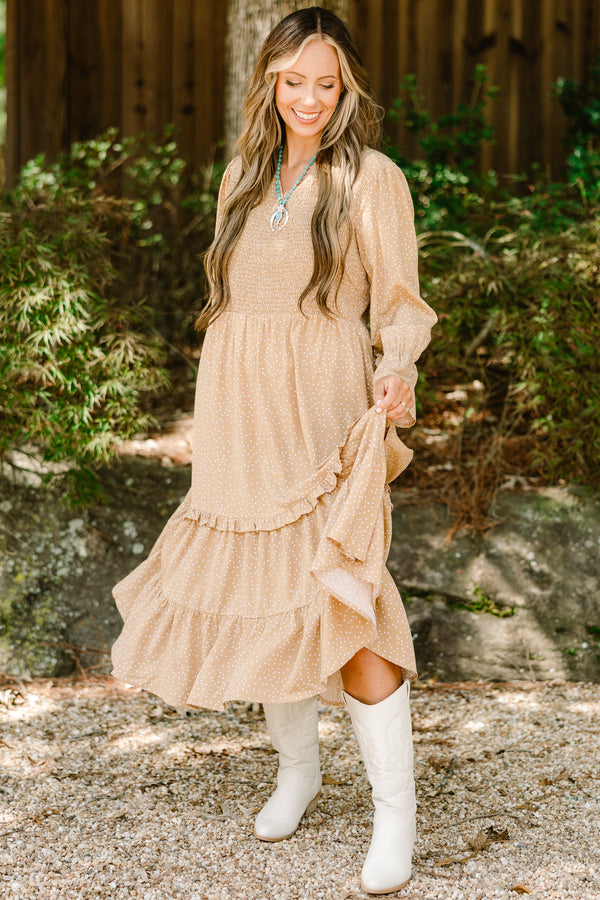 Chic Soul plus size clothing, light tan long sleeve maxi dress with texturing on the chest and a tiered bottom with small white patterning on it