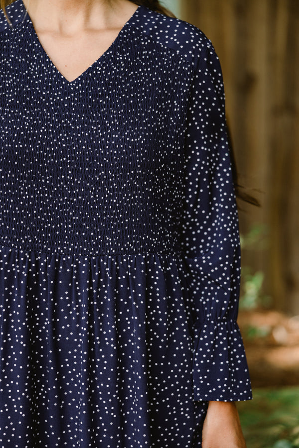 Chic Soul plus size clothing, navy long sleeve tiered maxi dress with small white polka dots all over and ruffle on the bottoms of the sleeves