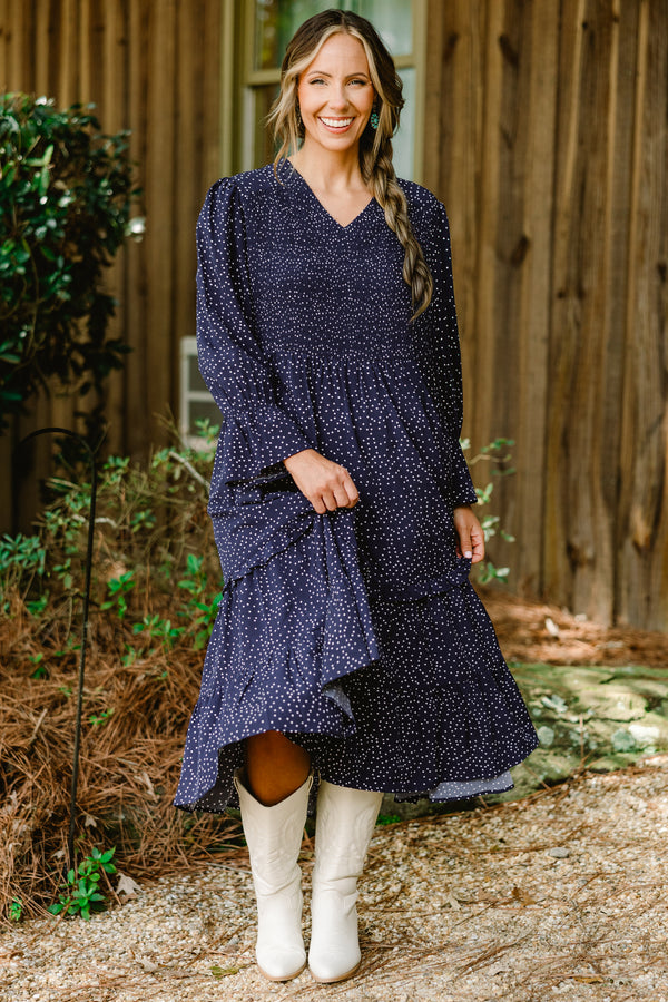 Chic Soul plus size clothing, navy long sleeve tiered maxi dress with small white polka dots all over and ruffle on the bottoms of the sleeves