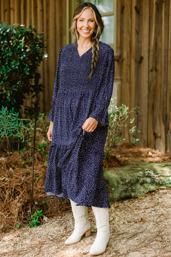 Chic Soul plus size clothing, navy long sleeve tiered maxi dress with small white polka dots all over and ruffle on the bottoms of the sleeves
