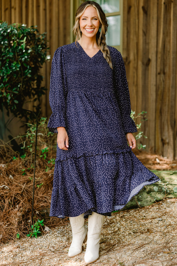 Chic Soul plus size clothing, navy long sleeve tiered maxi dress with small white polka dots all over and ruffle on the bottoms of the sleeves