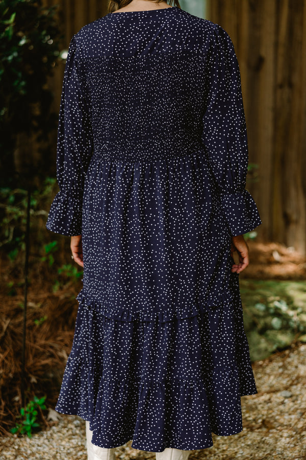 Chic Soul plus size clothing, navy long sleeve tiered maxi dress with small white polka dots all over and ruffle on the bottoms of the sleeves