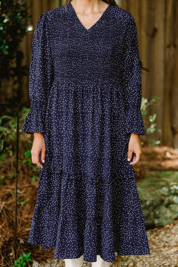 Chic Soul plus size clothing, navy long sleeve tiered maxi dress with small white polka dots all over and ruffle on the bottoms of the sleeves