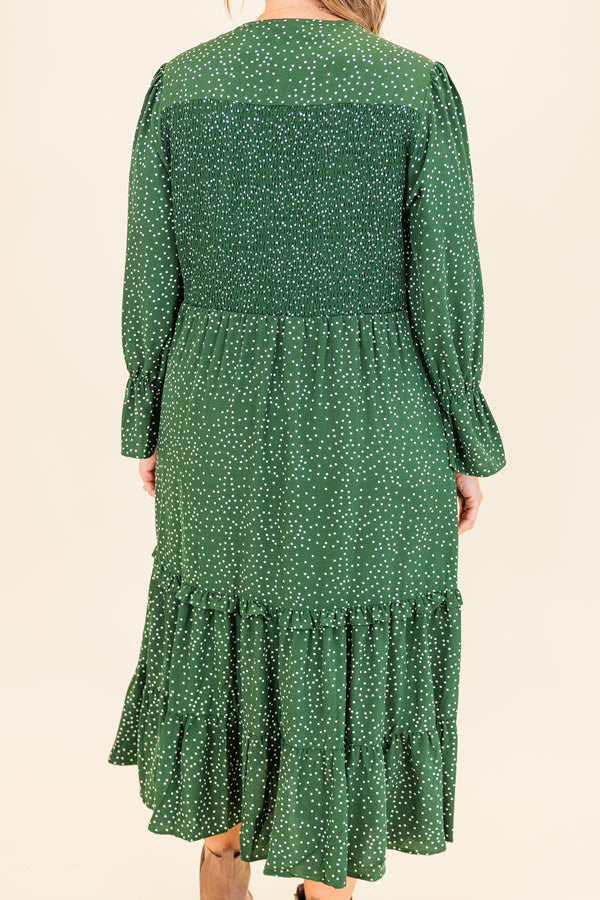 Chic Soul plus size clothing, hunter green long sleeve midi dress with smocked top and ruffle detail along bottom with flare on sleeves with v neckline and white dotted print
