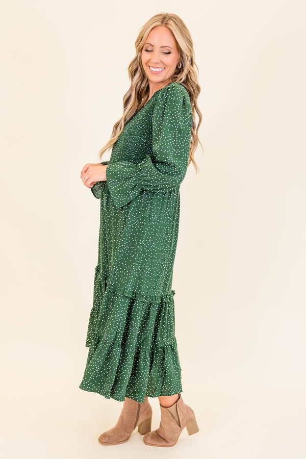 Chic Soul plus size clothing, hunter green long sleeve midi dress with smocked top and ruffle detail along bottom with flare on sleeves with v neckline and white dotted print

