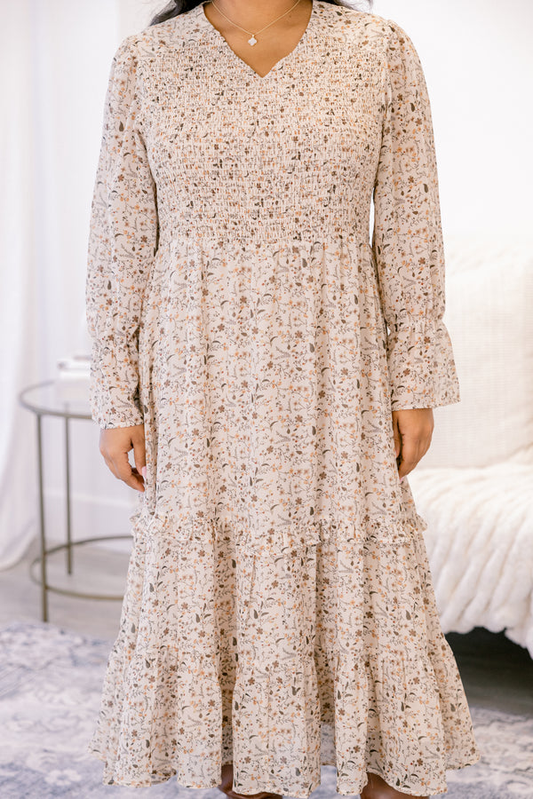 Chic Soul plus size clothing, tan long sleeve flowy maxi dress with brown small floral print