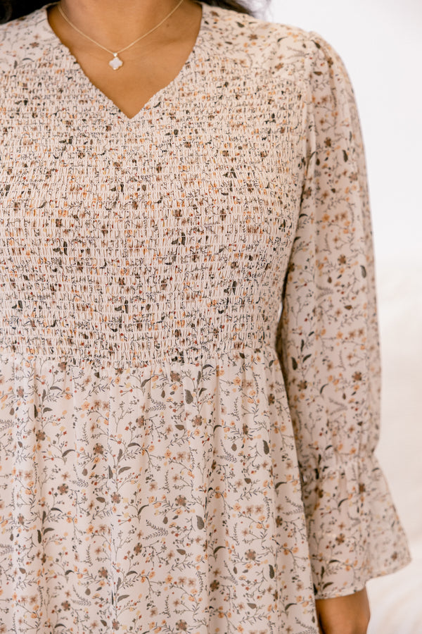 Chic Soul plus size clothing, tan long sleeve flowy maxi dress with brown small floral print