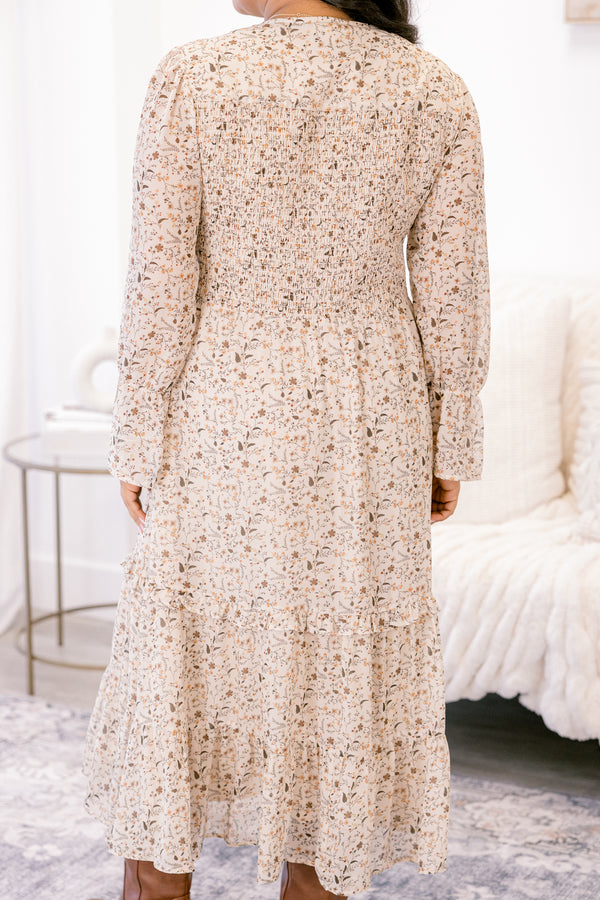 Chic Soul plus size clothing, tan long sleeve flowy maxi dress with brown small floral print