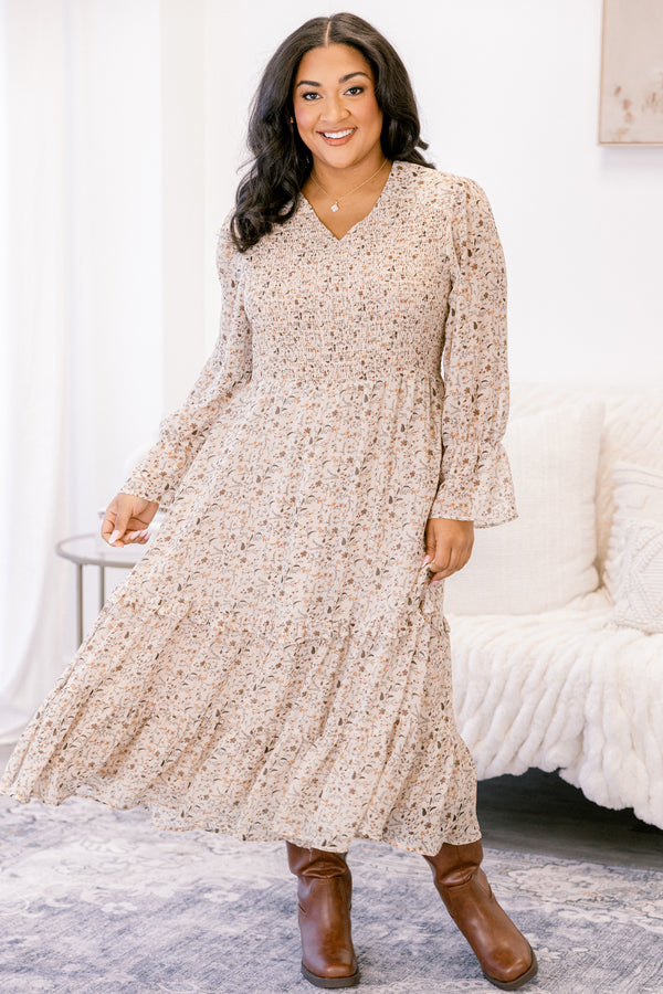Chic Soul plus size clothing, tan long sleeve flowy maxi dress with brown small floral print
