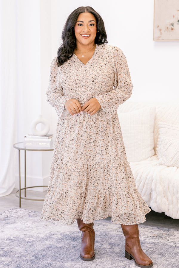 Chic Soul plus size clothing, tan long sleeve flowy maxi dress with brown small floral print