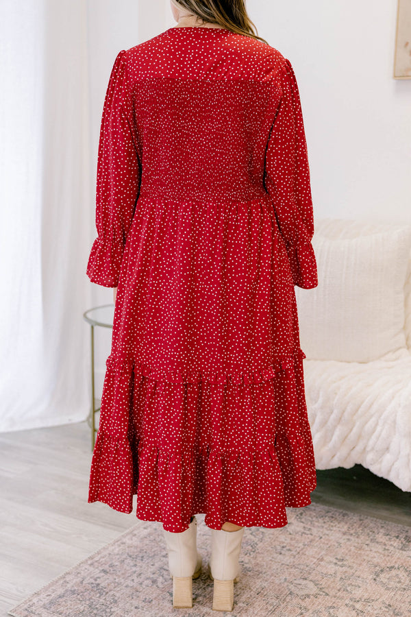 Chic Soul plus size clothing, red polka dot long sleeve midi dress