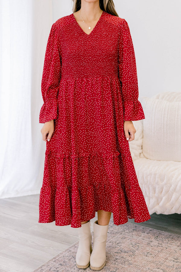 Chic Soul plus size clothing, red polka dot long sleeve midi dress