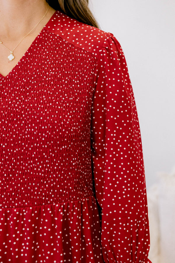 Chic Soul plus size clothing, red polka dot long sleeve midi dress
