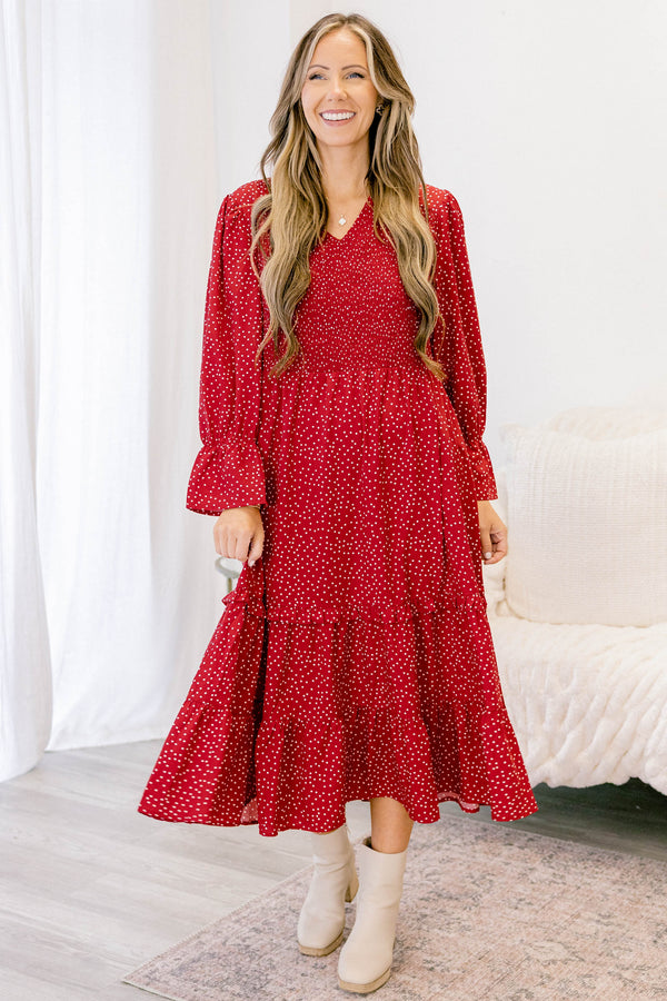 Chic Soul plus size clothing, red polka dot long sleeve midi dress