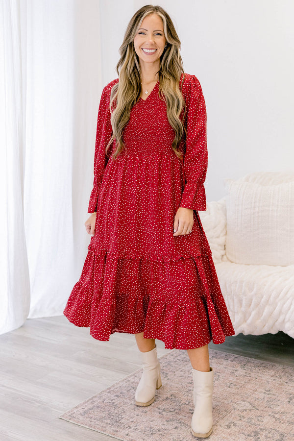 Chic Soul plus size clothing, red polka dot long sleeve midi dress