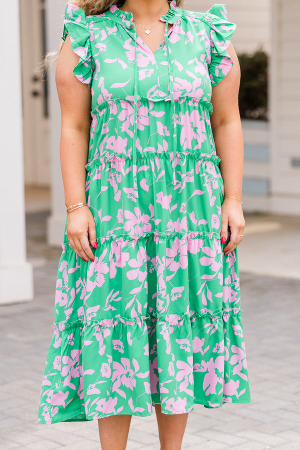 Chic Soul plus size clothing, sleeveless v-neckline green mixed colored dress with pink floral details and small ruffles