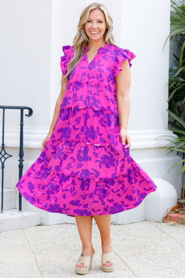 Chic Soul plus size clothing, magenta ruffle tiered midi dress with purple floral pattern and flutter sleeves
