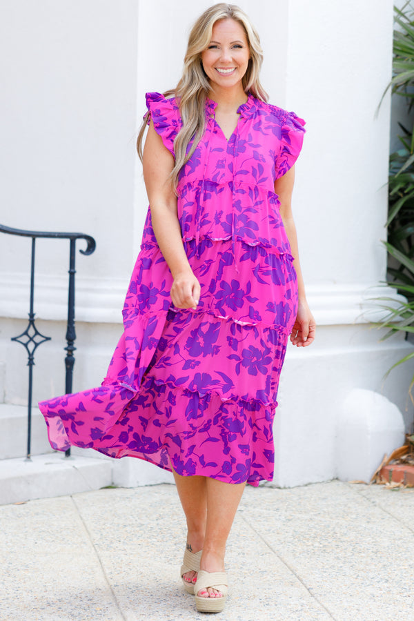 Chic Soul plus size clothing, magenta ruffle tiered midi dress with purple floral pattern and flutter sleeves