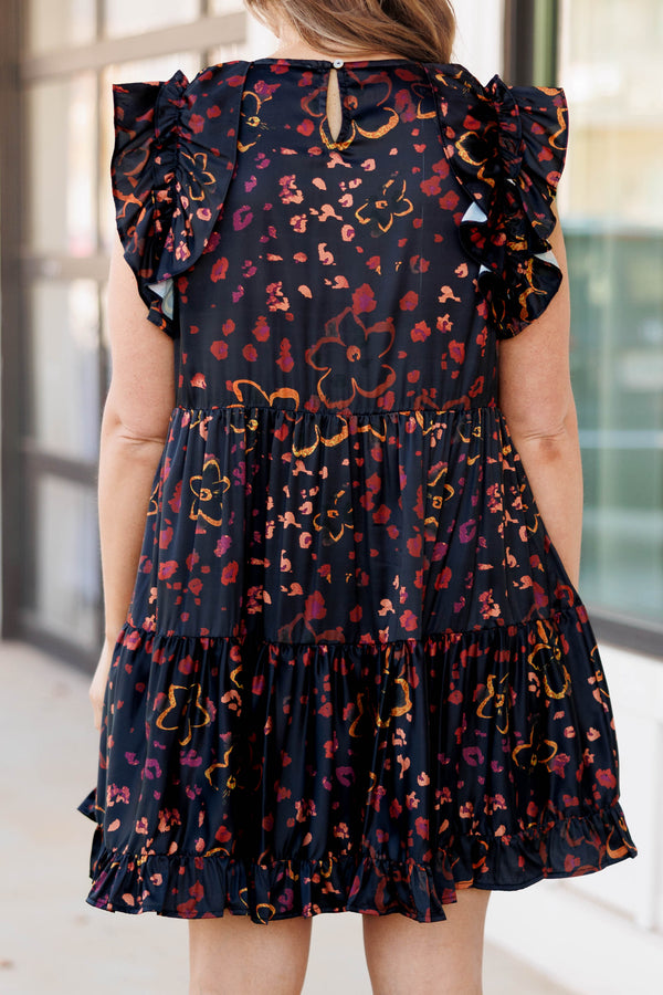 Chic Soul plus size clothing, black multicolored flower pattern dress with flutter sleeves with a flair at the hem